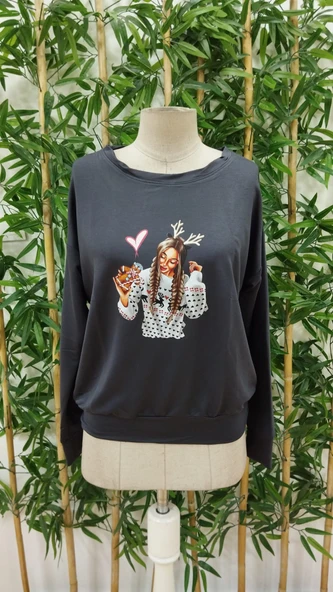 Kadın Yılbaşı özel Uzun Kollu Bisiklet Yaka Desenli Viskon Iki Iplik Bluz - Resim 4