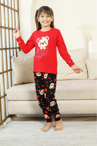 Kız Çocuk Ayıcık Baskılı %100 Pamuk İnterlok Kumaş Pijama Takımı 12347 - Resim 5