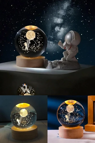 Ledli USB'li Ahşap Standlı Merdivenle Aya Çıkan Astronot Temalı Küre Gün Işığı 3D Oda Gece Lambası - Resim 5