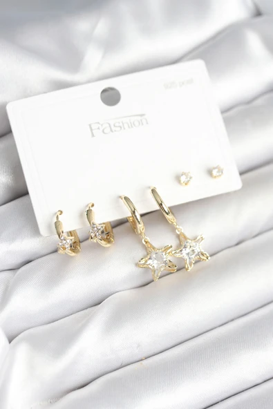 Pirinç Gold Renk Yıldız Model 925 Gümüş Çivili Kadın Küpe Seti - TJ-BKP11256