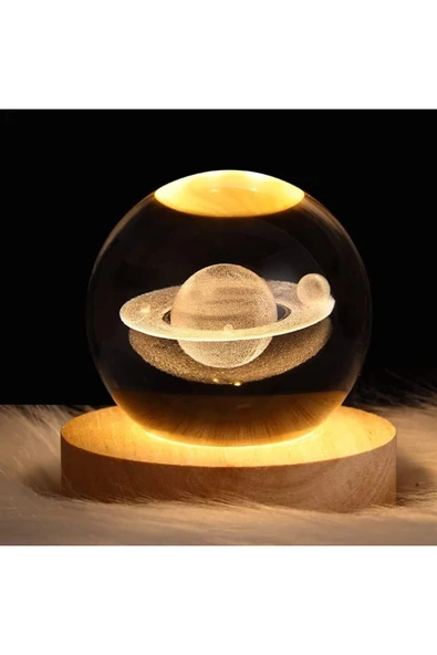 Ledli USB'li Ahşap Standlı Satürn Küre Temalı Kristal Küre Gün Işığı 3D Oda Masa ve Gece Lambası - Resim 2