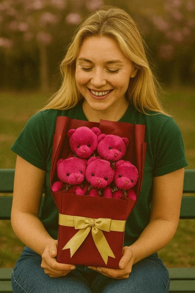 5’li Sevimli Fuşya Peluş Ayıcıklar Buketi Sevgiliye Doğum Günü Özel Günlere Romantik Sürprz Hediye - Resim 2