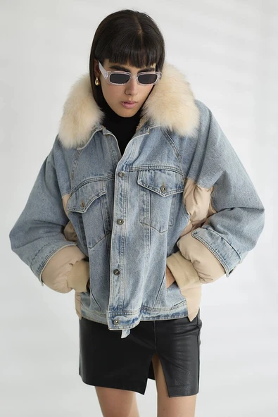 Kadın Kürk Yakalı Kot Ceket Şişme Puffer Detaylı Oversize Kışlık Denim Mont - Resim 3