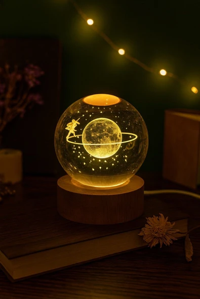 Ledli USB'li Ahşap Standlı Satürn Kız Küre Temalı Kristal Küre Gün Işığı 3D Oda Gece Lambası ürün görseli 1