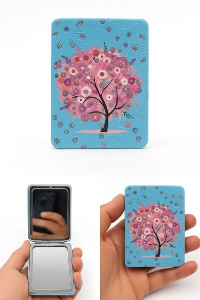 Işıltılı Yapraklar Sonbahar Sevgi Ağacı Temalı Katlanabilir Büyüteçli Mini Cep Makyaj Aynası Mavi ürün görseli 1