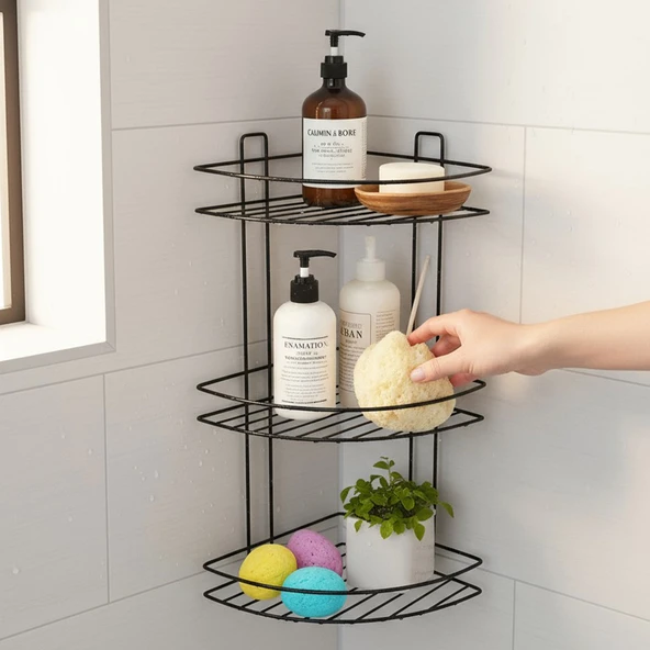 Siyah Vidalı 3 Katlı Köşe Şampuanlık Duş Rafı Metal Banyo Organizeri Paslanmaz Şampuan Sabunluk - Resim 5
