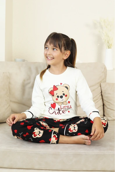 Kız Çocuk Ayıcık Baskılı %100 Pamuk İnterlok Kumaş Pijama Takımı 12347 - Resim 9