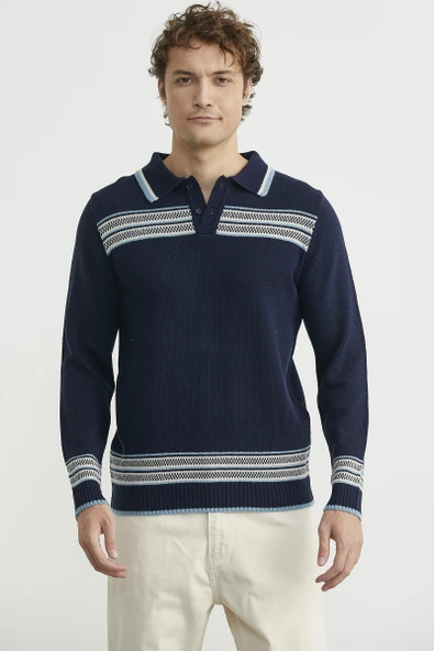 Polo Yaka Kilim Motifli Triko Kazak - Lacivert - Resim 2