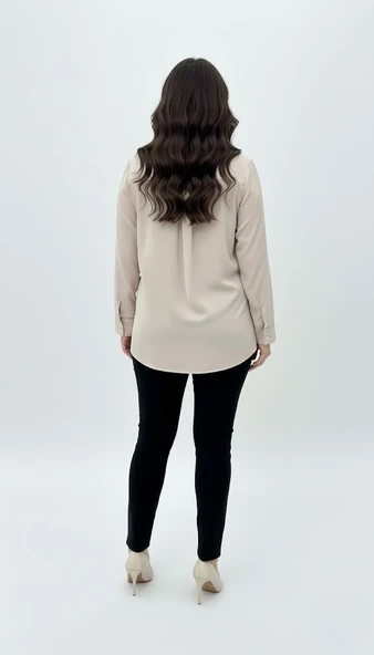 Kadın Büyük Beden Uzun Kollu Önde Ara Biye Detaylı Dökümlü Kumaş Gömlek 1991 - 12