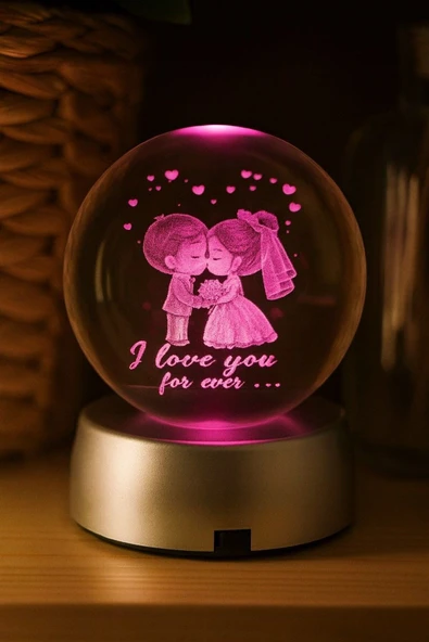 Ledli USB'li Plastik Standlı Sevgili Çiftler I Love You Forever Kristal Küre Renkli RGB Led 3D Lamba ürün görseli 1