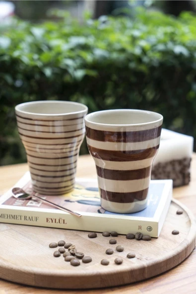 Handmade Stripe Kahverengi Mug Seti-2li
