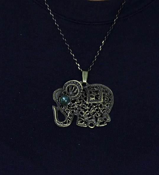 Doğal Taş Yeşil Akik Doğal Taşlı Fil Modelli Antik Kadın Kolye euk43ya - Resim 2