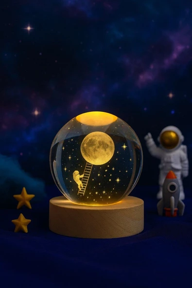 Ledli USB'li Ahşap Standlı Merdivenle Aya Çıkan Astronot Temalı Küre Gün Işığı 3D Oda Gece Lambası ürün görseli 1