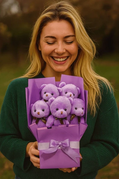 5’li Sevimli Mor Peluş Ayıcıklar Buketi Sevgiliye Doğum Günü Özel Günler İçin Romantik Sürprz Hediye ürün görseli 1