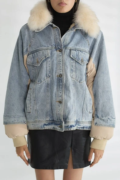 Kadın Kürk Yakalı Kot Ceket Şişme Puffer Detaylı Oversize Kışlık Denim Mont - Resim 5