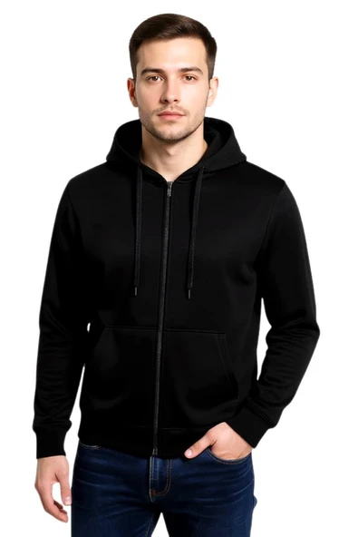 Erkek Kapüşonlu Fermuarlı Siyah Sweatshirt BGL-ST04790 - Resim 5