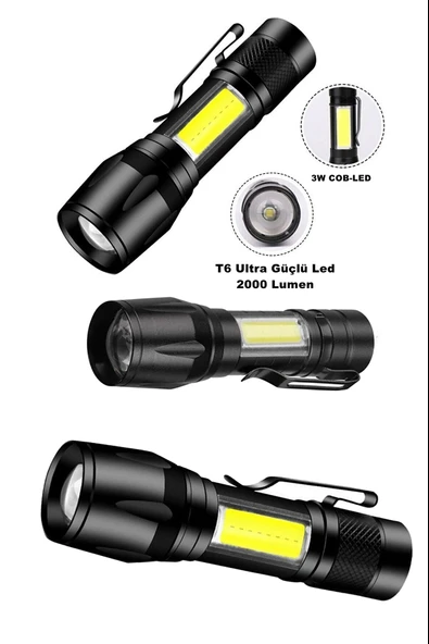 Ultra Çift Yönlü Güçlü Pilli Led El Feneri 2000 Lümen 6W Cob Led Su Geçirmez Zoomlu 3 Modlu