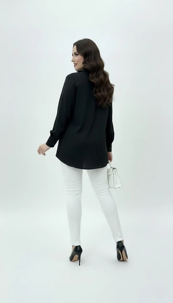 Kadın Büyük Beden Uzun Kollu Önde Ara Biye Detaylı Dökümlü Kumaş Gömlek 1991 - 4