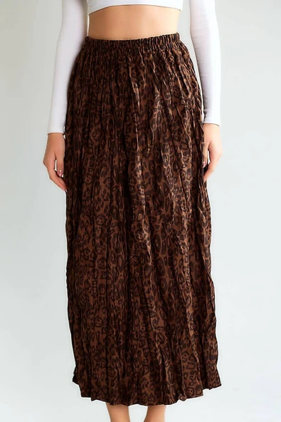 Kadın Leopar Desenli Lastikli Bel Büzgülü Saten Midi Etek Uzun Boy Şık Etek - Resim 4