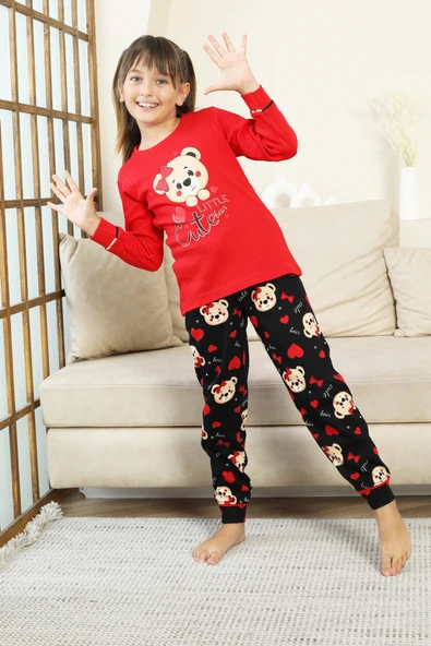 Kız Çocuk Ayıcık Baskılı %100 Pamuk İnterlok Kumaş Pijama Takımı 12347 - Resim 2
