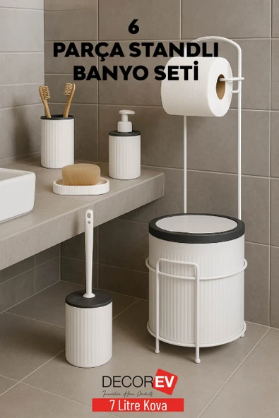Decorev 6 Parça Standlı Banyo Seti – 7 Litre Çöp Kovası, Tuvalet Kağıtlığı, Sabunluk, Fırçalık Banyo Takımı - Resim 2