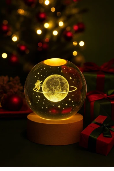 Ledli USB'li Ahşap Standlı Satürn Kız Temalı Kristal Küre Renkli RGB Led 3D Oda Masa ve Gece Lambası - Resim 4