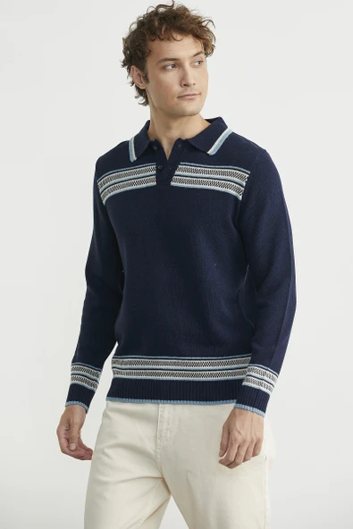 Polo Yaka Kilim Motifli Triko Kazak - Lacivert - Resim 4