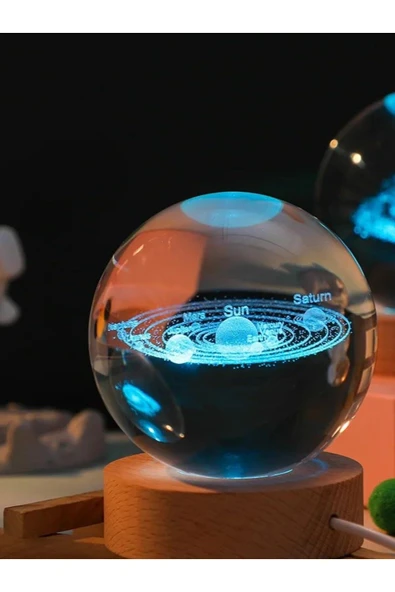 Ledli USB'li Ahşap Standlı Güneş Sistemi Küre Temalı Kristal Renkli RGB 3D Oda Masa ve Gece Lambası - 5