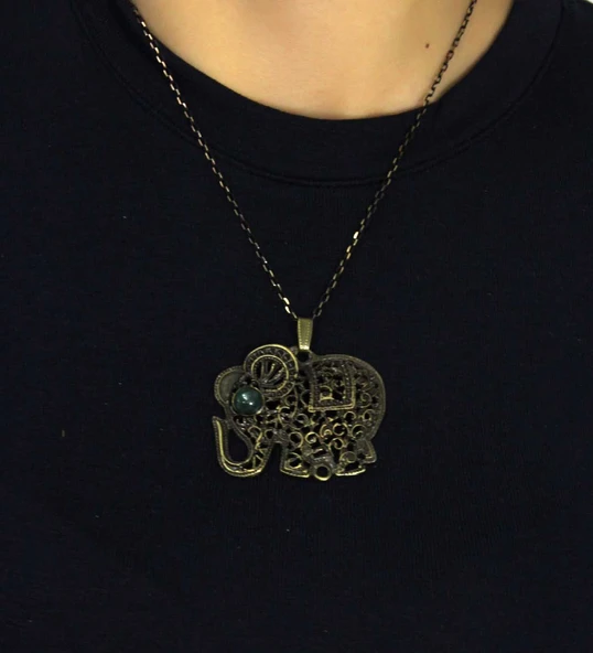 Doğal Taş Yeşil Akik Doğal Taşlı Fil Modelli Antik Kadın Kolye euk43ya - Resim 3