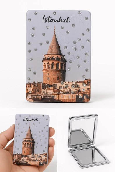 Anılarla Dolu İstanbul Hatırası Işıltılı Taşlı Galata Kulesi Katlanabilir Mini Makyaj Cep Aynası ürün görseli 1