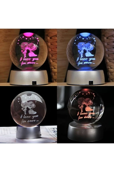 Ledli USB'li Plastik Standlı Sevgili Çiftler I Love You Forever Kristal Küre Renkli RGB Led 3D Lamba - Resim 6