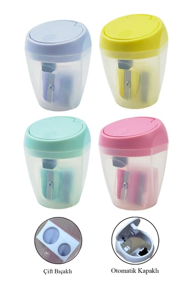 Çift Bıçaklı Kalemtıraş 4 Adet Adel Otomatik Kapaklı Kalemtraş Pastel Renkli Hazneli Kalem Açacağı Plastik Renkli