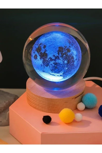 Ledli USB'li Ahşap Standlı Dolunay Küre Temalı Kristal Ay Küre Renkli RGB 3D Oda Masa Gece Lambası ürün görseli 1