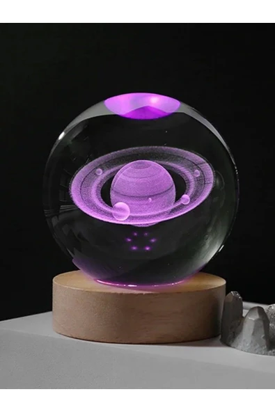 Ledli USB'li Ahşap Standlı Satürn Temalı Kristal Küre Renkli RGB LED 3D Oda Masa ve Gece Lambası ürün görseli 1