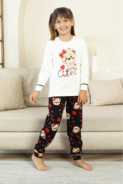 Kız Çocuk Ayıcık Baskılı %100 Pamuk İnterlok Kumaş Pijama Takımı 12347 - Resim 3