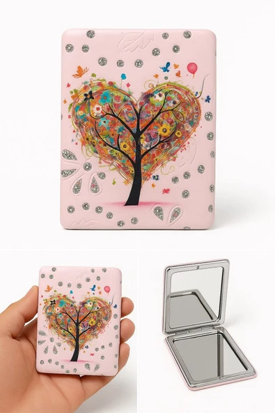 Işıltılı Yapraklar Sonbahar Sevgi Ağacı Temalı Katlanabilir Büyüteçli Mini Cep Makyaj Aynası Pembe ürün görseli 1