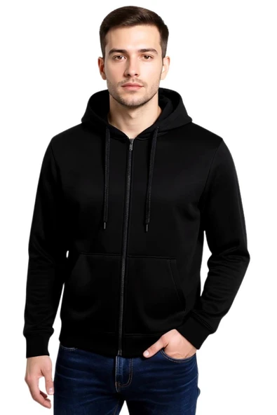 Erkek Kapüşonlu Fermuarlı Siyah Sweatshirt BGL-ST04790 - Resim 3