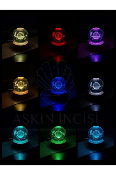 Ledli USB'li Ahşap Standlı Satürn Kız Temalı Kristal Küre Renkli RGB Led 3D Oda Masa ve Gece Lambası - Resim 5
