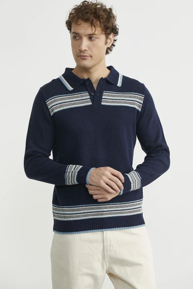 Polo Yaka Kilim Motifli Triko Kazak - Lacivert - Resim 3