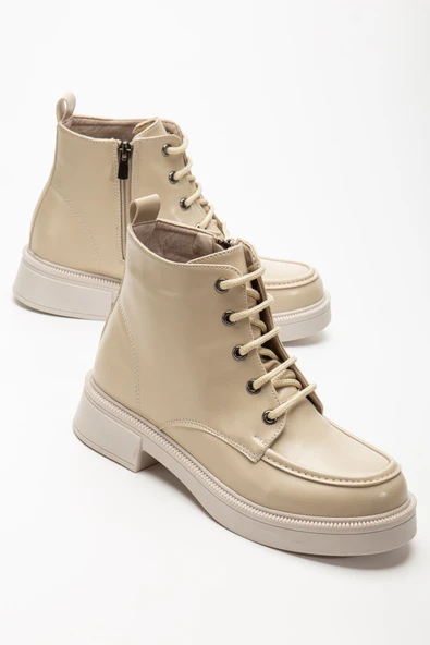 02-2001 Bej Kırışık Rugan Bağcıklı Fermuarlı Günlük Kadın Bot - 4