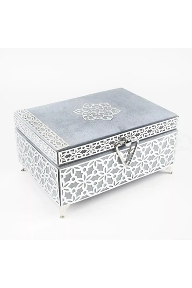 Desenli Kutu Çeyizlik, Seccade + Tesbih + Kuran Hediye Seti (Hafız Boy, Kadife, Gri, Elif-Vav) - Resim 2