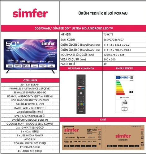 Simfer 50SFSA6B 50" 127 Ekran Uydu Alıcılı 4K Ultra HD Android LED TV - 4