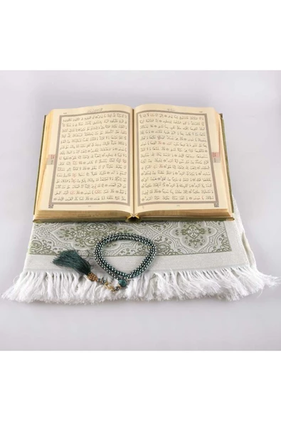 Seccade + Tesbih + Kuran Hediye Seti (orta Boy, Kadife, Koyu Yeşil) - Resim 3
