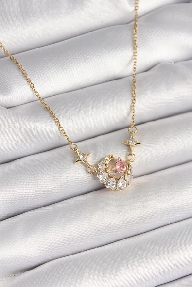 316L Çelik Gold Renk Zirkon Taşlı Hilal Pembe Kalp Model Kadın Kolye - TJ-BKO9932