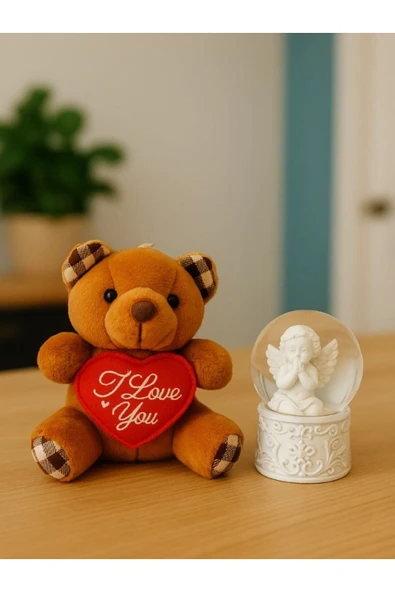 Sevgiliye Eşe Özel Günlere Hediye Sevimli Mini Peluş Ayıcık ve Mini Melek Kar Küresi Set Kahverengi - Resim 2