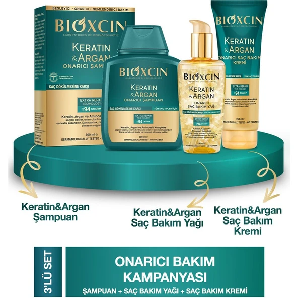 Bioxcin Keratin & Argan Onarıcı Şampuan 300ML + Keratin Argan Saç Bakım Yağı + Saç Kremi ürün görseli 1