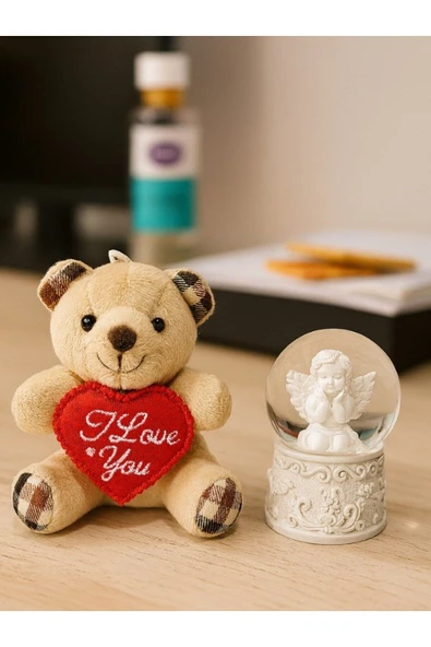 Sevgiliye Eşe Özel Günlere Hediye Sevimli Mini Peluş Ayıcık ve Mini Melek Kar Küresi Set Bej Rengi ürün görseli 1