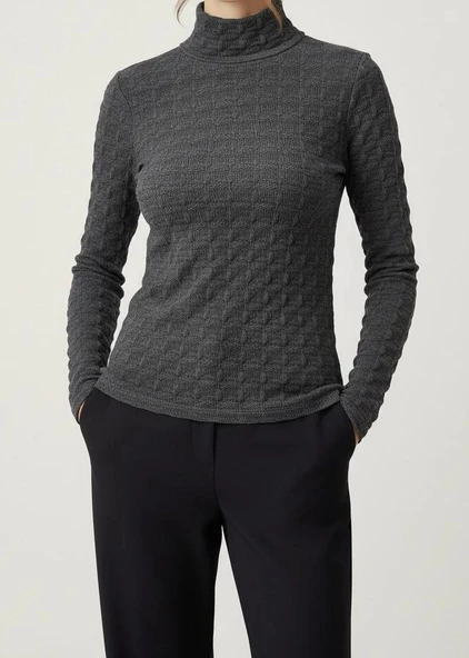 Sıcak Tutan Kışlık | Gri Desenli Kadın Yarım Balıkçı Yaka Triko Kazak - 5