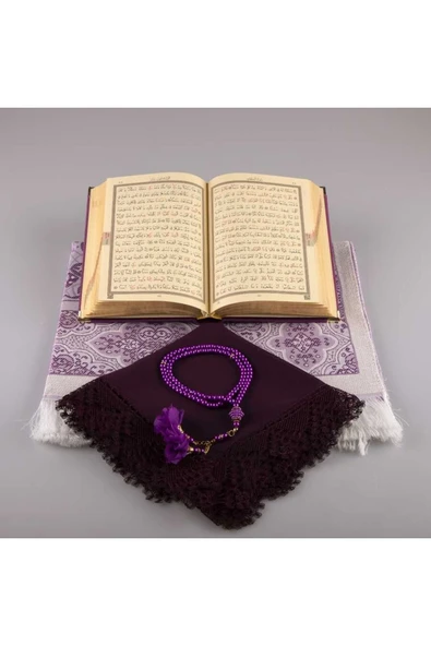 Şal + Seccade + Tesbih + Kuran Hediye Seti (hafız Boy, Kadife, Mor) - Resim 3