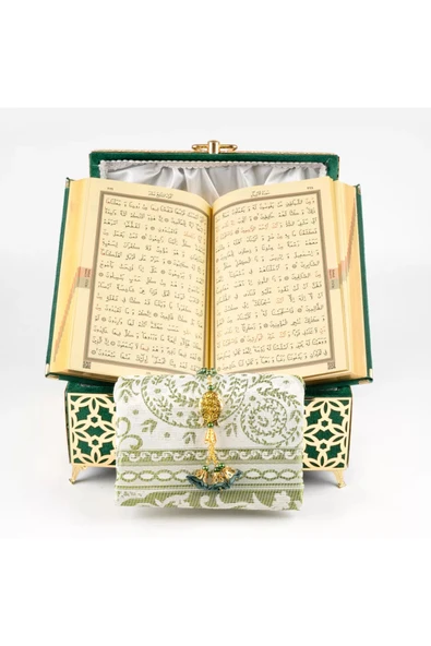 Desenli Kutu Çeyizlik, Seccade + Tesbih + Kuran Hediye Seti (Hafız Boy, Kadife, Yeşil, Elif-Vav) - Resim 4